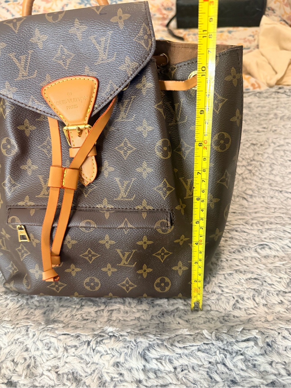 Brown Monogram Drawstring Backpack with Tan Trim - Picture 10 of 11